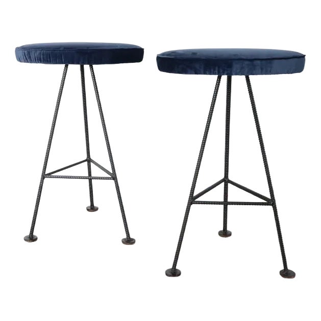 Set of Bar Stools in Iron and Blue Velvet, 1960s For Sale