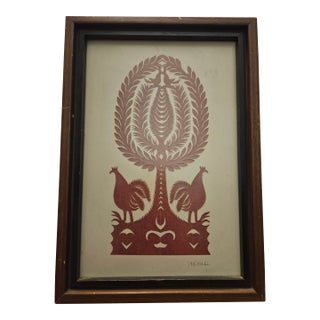 Vintage Polish Paper Cut Scherenschnitte Roosters Framed Folk Art, Signed/Framed For Sale