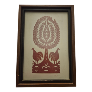 Vintage Polish Paper Cut Scherenschnitte Roosters Framed Folk Art, Signed/Framed
