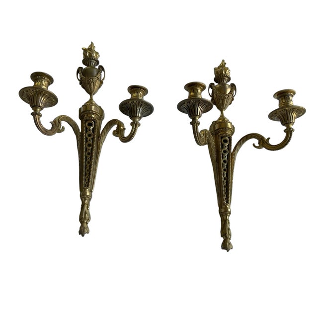 Metal Pair of Antique French Louis XVI Neoclassical Gilt Bronze Ormolu 2 Candelabra Wall Sconces C1860 For Sale - Image 7 of 8