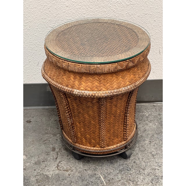 Woven Rattan Drum Side Table + Glass Top, Vintage For Sale - Image 10 of 12
