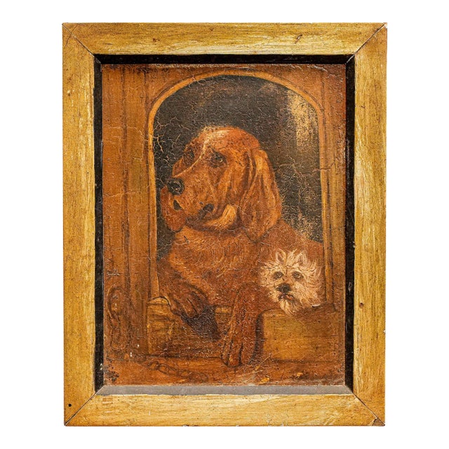 Rustic Dog House Scene Framed Antique Animal Portrait Oil Painting of Dogs For Sale