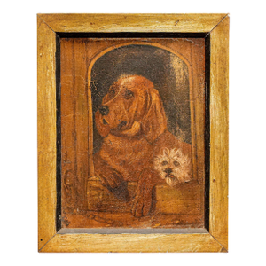 Rustic Dog House Scene Framed Antique Animal Portrait Oil Painting of Dogs