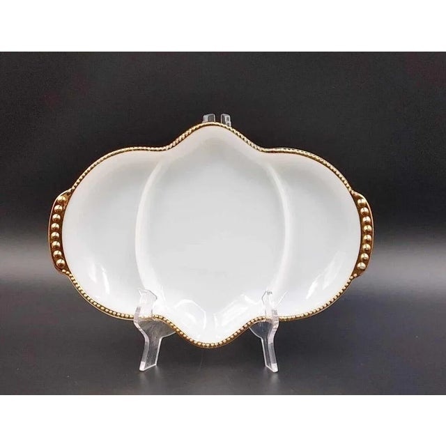 Vintage Fire King Milk Glass Divided Relish Dish with Gold Trim. In Good condition with no chips, cracks or breaks. Gold...