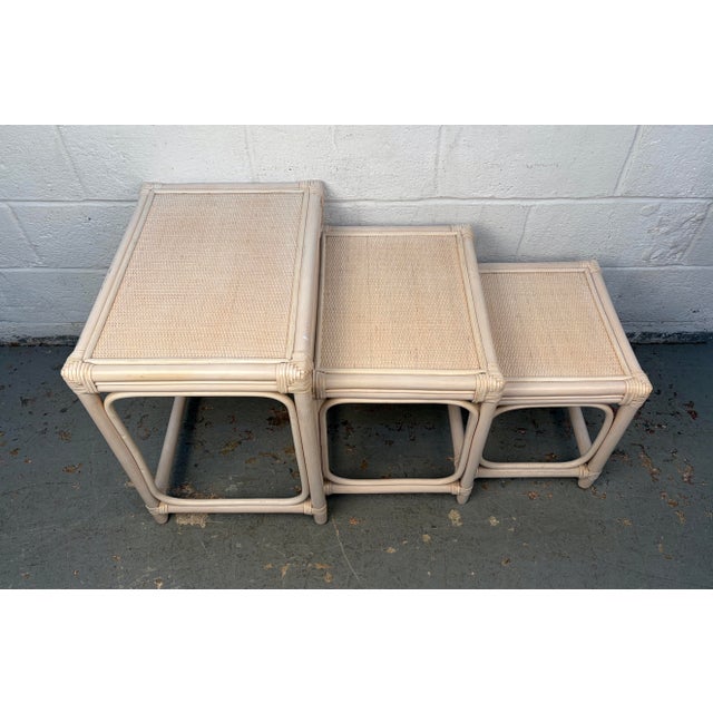 Mid-Century Modern Vintage Set of Three Rattan and Cane Nesting Tables For Sale - Image 3 of 10