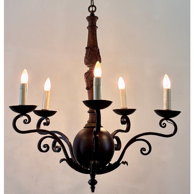 Mediterranean Early 20th Century Spanish Wrought Iron and Wood Light Fixture For Sale - Image 3 of 8