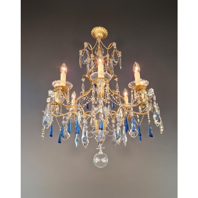 1930s Vintage Venetian Rococo Style Crystal Chandelier Cobalt Blue and Clear Crystals For Sale - Image 5 of 12