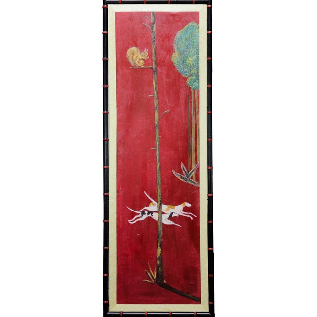 This stunning vintage four-panel folding screen is a unique fusion of traditional Chinoiserie form and classic English...