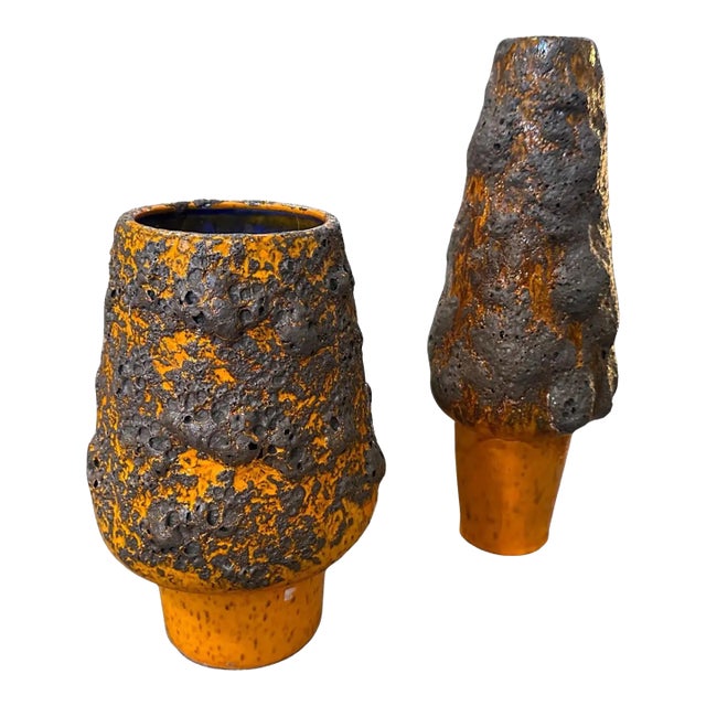 Two 1980s Modernist Orange and Black Fat Lava Ceramic German Vases For Sale