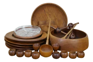 Vintage 30 Pc Wooden Walnut Dinnerware Set Serving Bowl Plates Candle Holder