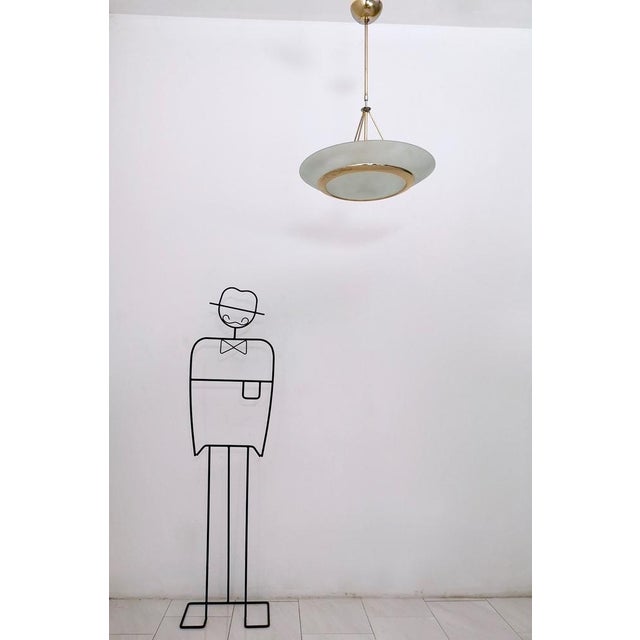 Postmodern Brass and Etched Glass Bowl Pendant in the style of Fontana Arte, Italy, 1980s For Sale - Image 3 of 9