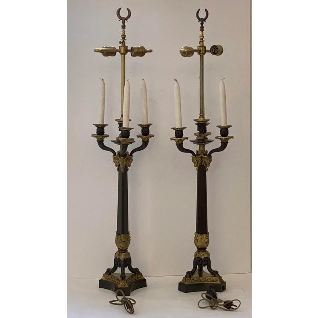 This Louis Philippe set of 19th century bronze, French, Empire Revival table lamps began their life as candelabra and at...