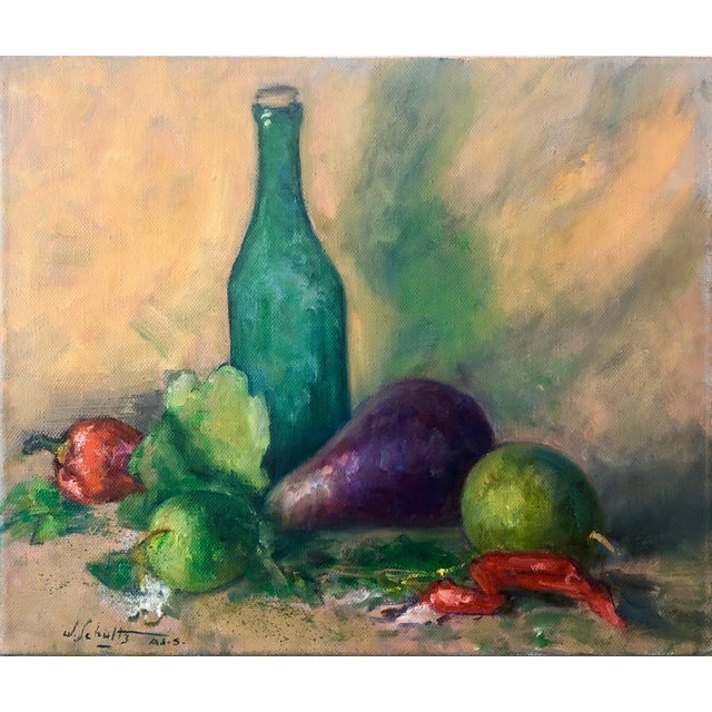 Early 20th Century William Schultz, American Impressionist Fruits, Vegetables and Bottle Oil Painting For Sale - Image 5 of 6