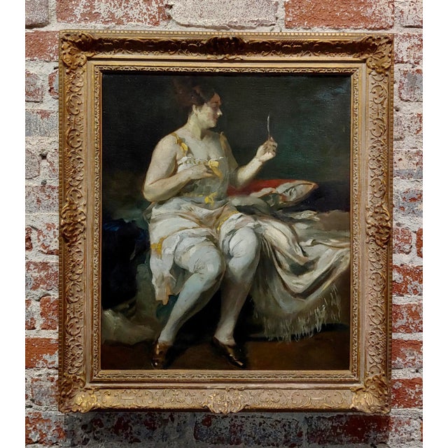 Lajos Jambor -Woman looking at a hand Mirror - Oil painting on canvas - signed - circa 1920s Canvas size 23x19" - Frame...