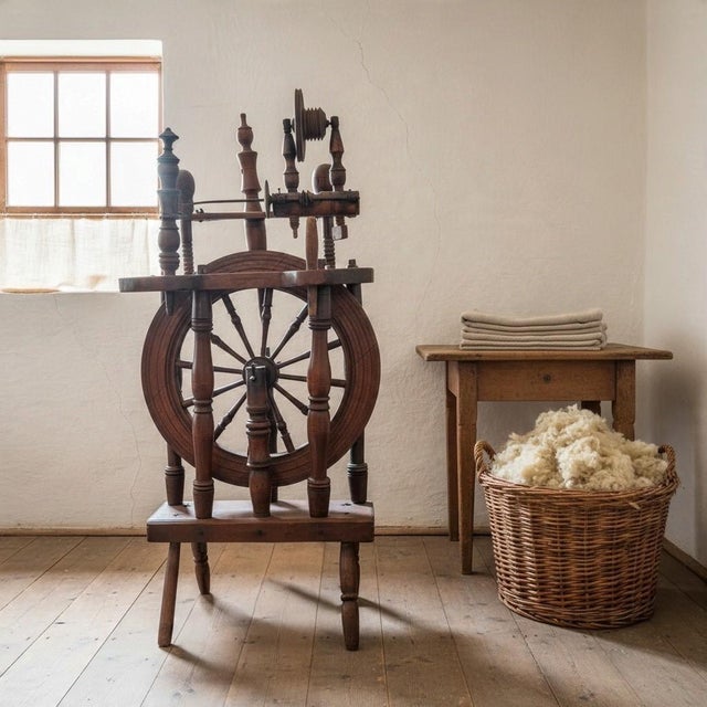 Mid 19th Century Antique Spinning Wheel 1800s-Castle Style-Primitive-Farmhouse-Textile Decor Art For Sale - Image 5 of 10