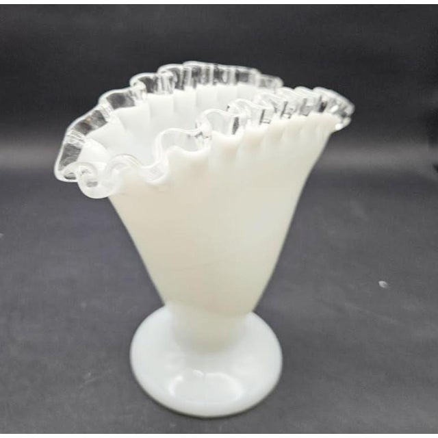Mid-Century Modern Vintage Fenton Clear Crest Ruffled Edge Milk Glass Fan Shaped Vase For Sale - Image 3 of 7