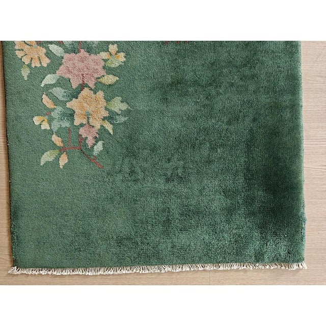 1920s Small Wool Pile Green Open Field Antique Floral Chinese Deco Throw Rug For Sale In New York - Image 6 of 8