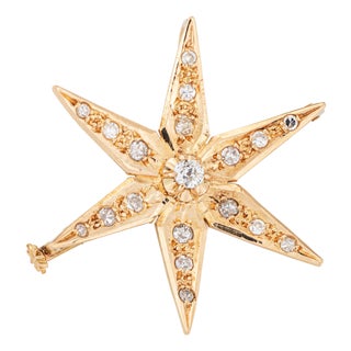 Vintage Diamond Star Pendant 14k Gold Brooch Mid Century Celestial Jewelry For Sale