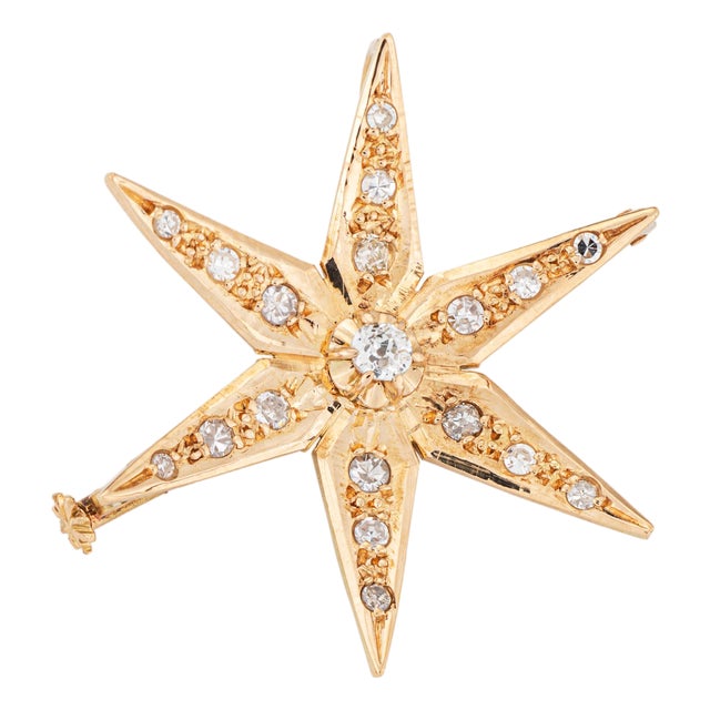 Vintage Diamond Star Pendant 14k Gold Brooch Mid Century Celestial Jewelry For Sale