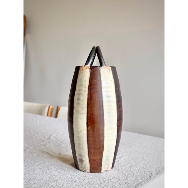 Mid 20th Century Mid 20th Century Studio Pottery Loop Handle Vessel, Hand-Thrown Ceramic Vase, Earth Tone Glaze, Organic Modern Sculptural Form For Sale - Image 5 of 11