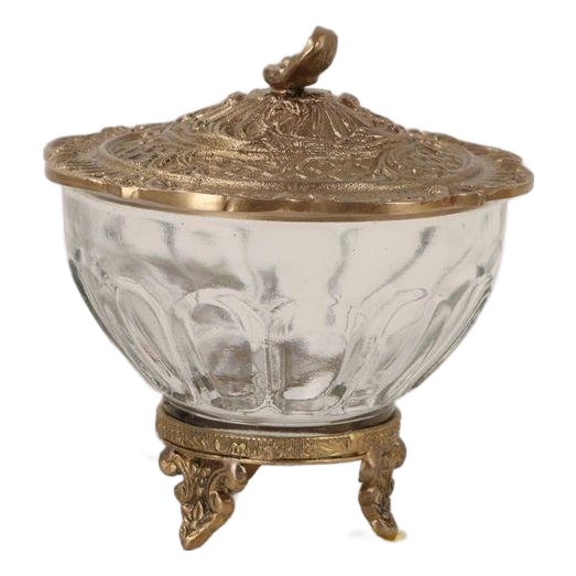 Glass & Brass Engraved Retro Storage Jar For Sale