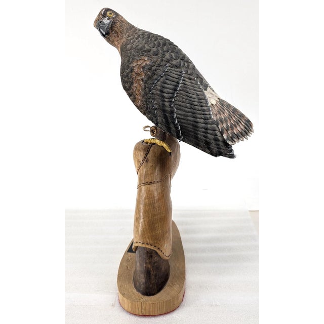 American Harrier Hawk & Gloved Handler 2003 – Carved Wooden Sculpture Signed Bradford King For Sale - Image 4 of 16