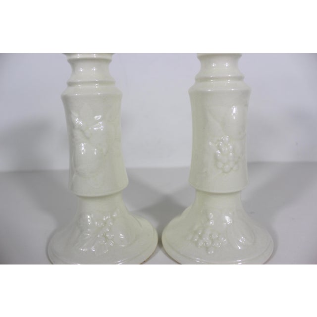Antique Royal Worcester Crown Ware England Porcelain White Raised Fruit Beaded Rim Candlesticks, a Pair For Sale - Image 11 of 11