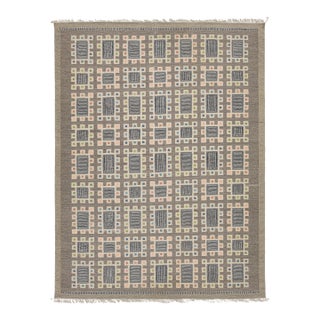 Modern Swedish Style Handmade Wool Rug With Grid Motif and Colorful Accents For Sale