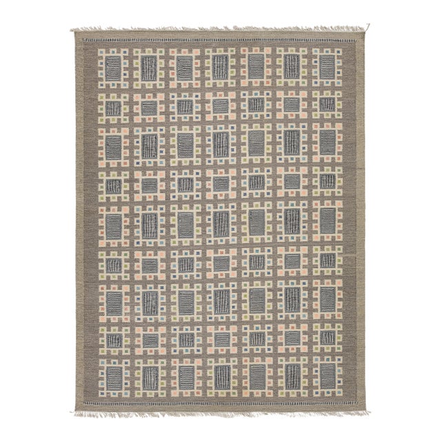 Modern Swedish Style Handmade Wool Rug With Grid Motif and Colorful Accents For Sale
