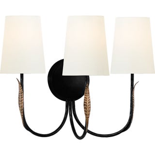 Thomas O'Brien for Visual Comfort Signature Kairos 14" Triple Sconce in Aged Iron and Roman Bronze with Linen Shades For Sale