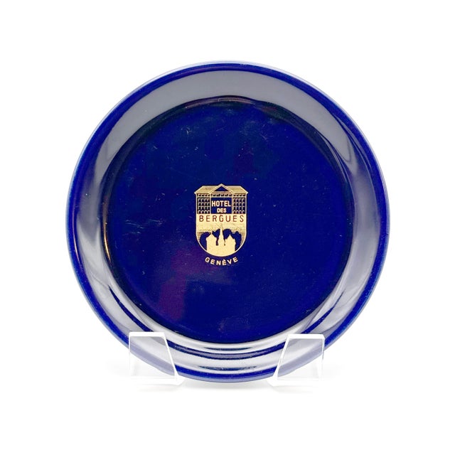 Late 20th Century Vintage Hotel Des Bergues Geneva Switzerland Cobalt Blue Catchall Vide Poche For Sale - Image 5 of 7
