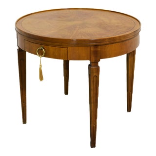 Mid Century Walnut Round Sunburst Veneer Side Table by Baker Furniture For Sale