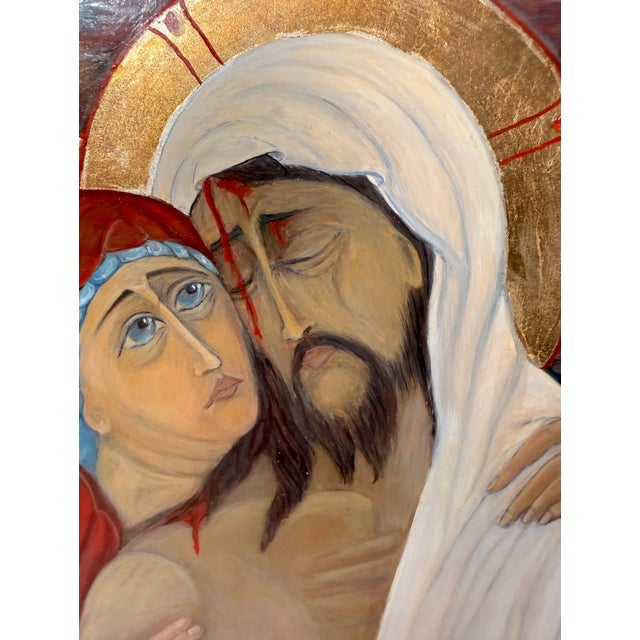 Wood Vintage Original Gold Leaf Russian Icon Mary Jesus Pieta Oil Painting on Wood For Sale - Image 7 of 12