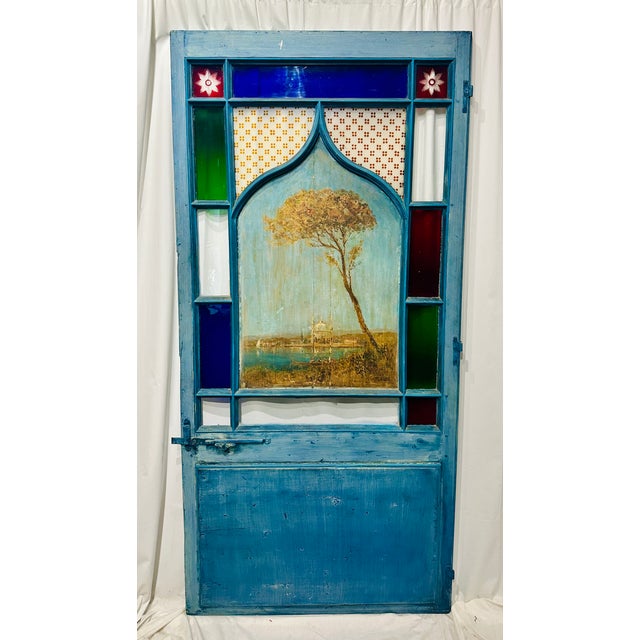 Antique Late 19th Century Blue Painted Moorish Style Stained Glass Door With Hand-Painted Landscape Panel For Sale - Image 15 of 15