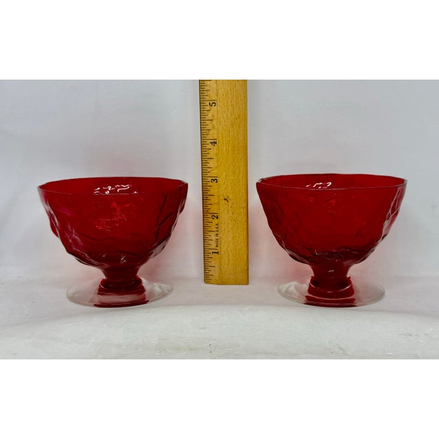 Vintage Seneca Glass Driftwood Casual Pattern 3” Ruby Red Champagne Coupes Tall Footed Sherbets - A Pair For Sale - Image 9 of 12