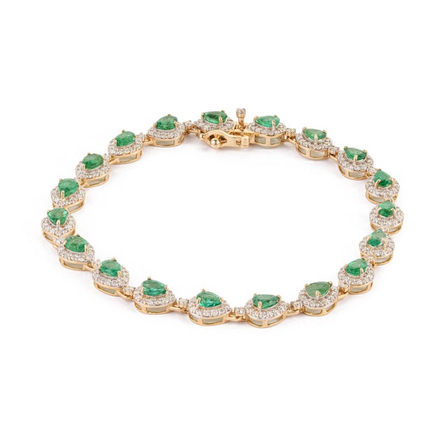 Metal 2.68ct Emerald & 1.56ct Diamond Mexican Bracelet 14k Gold Fine Jewelry For Sale - Image 7 of 18