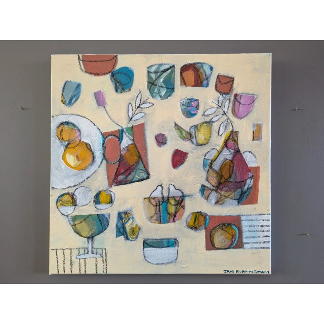 THE PARTY Size: 15.7 x 15.7 inches (including frame) Acrylic and oil pastel on canvas An engaging and playful contemporary...