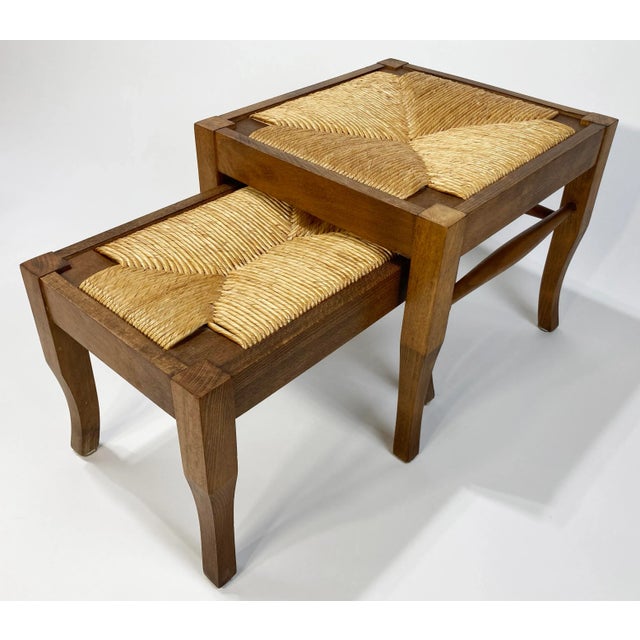 Farmhouse Vintage Nesting Wood and Rush Footstool Pair For Sale - Image 3 of 10