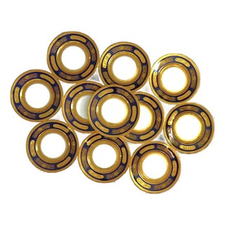 Set of 11 Hutschenreuther Dinner Plates Cabinet Service Cobalt Blue & Raised Gold Encrusted 10.5" For Sale