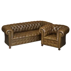 Set of Vintage Chesterfield Olive Green Leather Sofa & Armchair