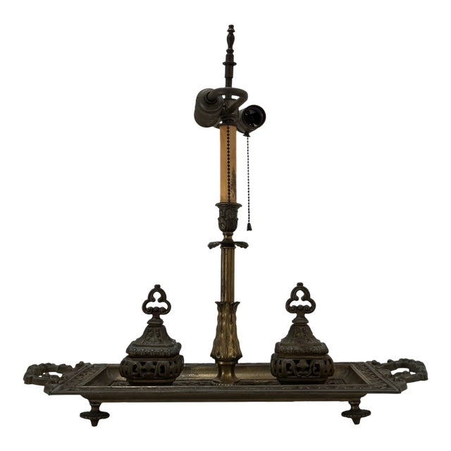 Antique Brass Pen & Ink Desk Set With Integrated Lamp For Sale
