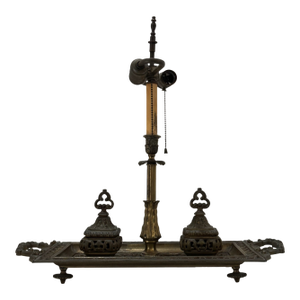 Antique Brass Pen & Ink Desk Set With Integrated Lamp