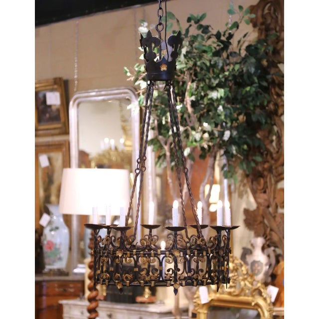 19th C. French Gothic Wrought Iron Chandelier With Crown Top and Gilt Accents For Sale - Image 4 of 9