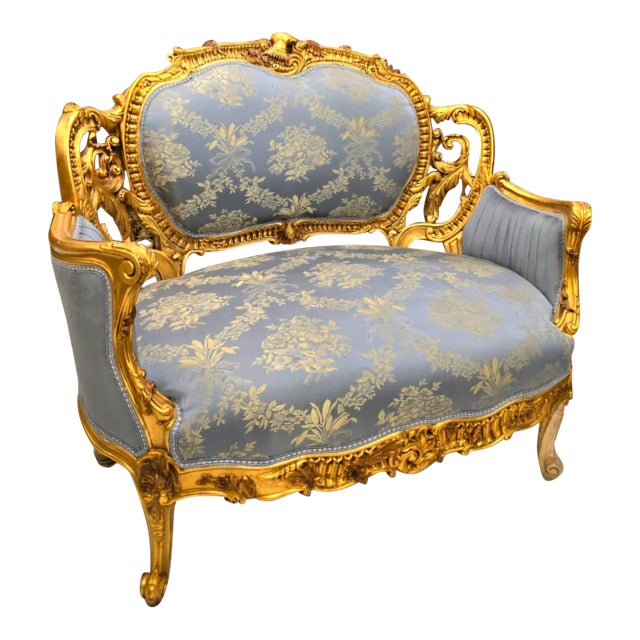 French Louis XV Blue Damask Sofa With Hand-Carved Gold Leaf Frame For Sale