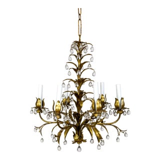 Palm Beach Style Gilt Leaves and Grape Crystal Chandelier For Sale