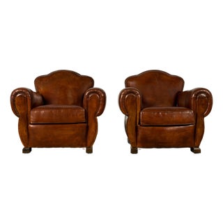 1940s French Art Deco Cognac Leather Club Chairs, Pair For Sale
