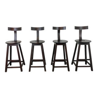 Organic Modern Rustic Mahogany Finished Klismos Back Bar Stools Set of 4 For Sale