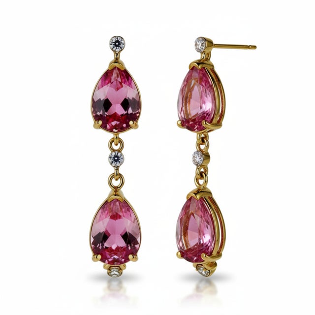 14k Yellow Gold Natural Pink Topaz and Diamond Long Drop Earrings For Sale In New York - Image 6 of 12
