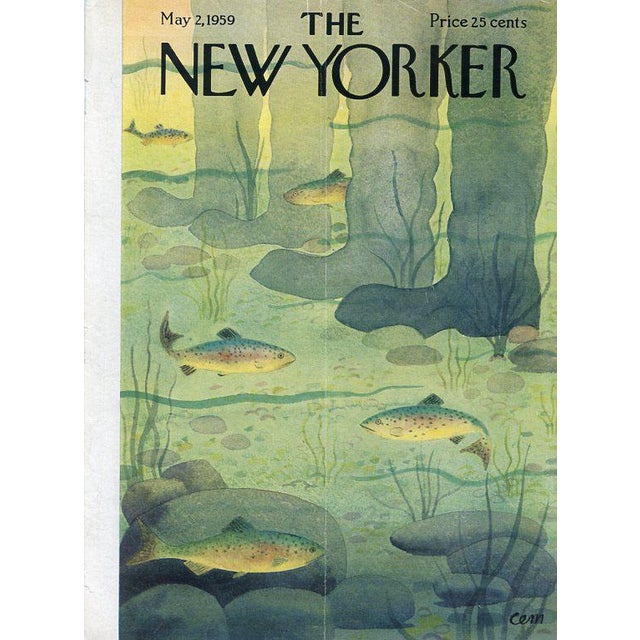 Original vintage New Yorker magazine cover dated May 2, 1959 featuring a Fishing theme. Cover art by Charles Martin...