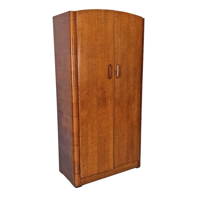 Italian Art Deco Style Wooden Wardrobe with Mirror and Shelves, 1930s For Sale